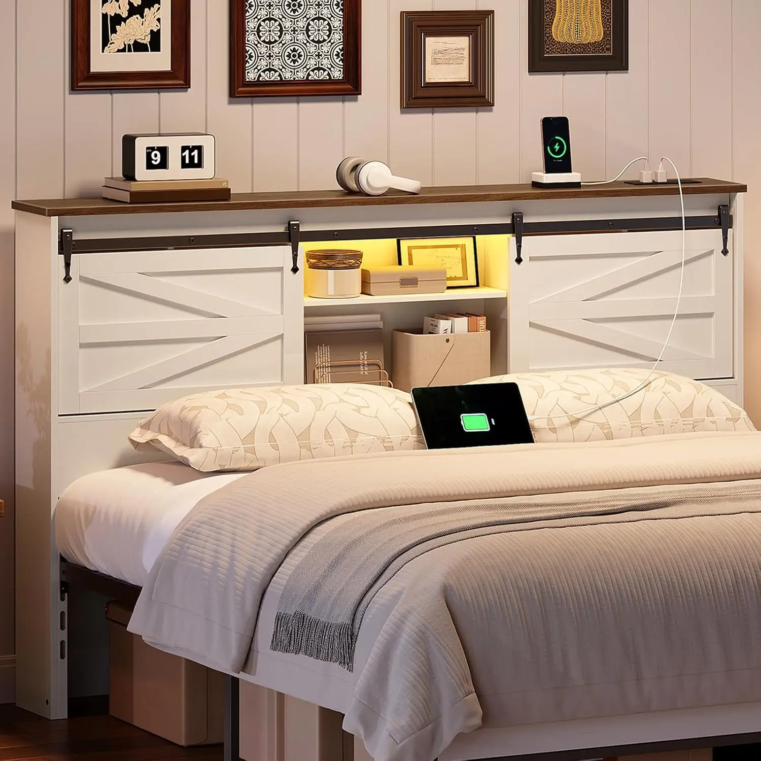 

Изголовье кровати Queen с полкой для хранения, зарядной станцией, светодиодной подсветкой, 2-уровневым книжным шкафом, для спальни, белый орех, на заказ