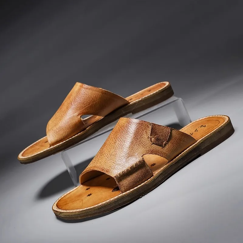 Handmade Retro Cowhide Leather Casual Premium Slippers Men Summer Outside Wear Comfortable Slippers Sandals Zapatos Slides