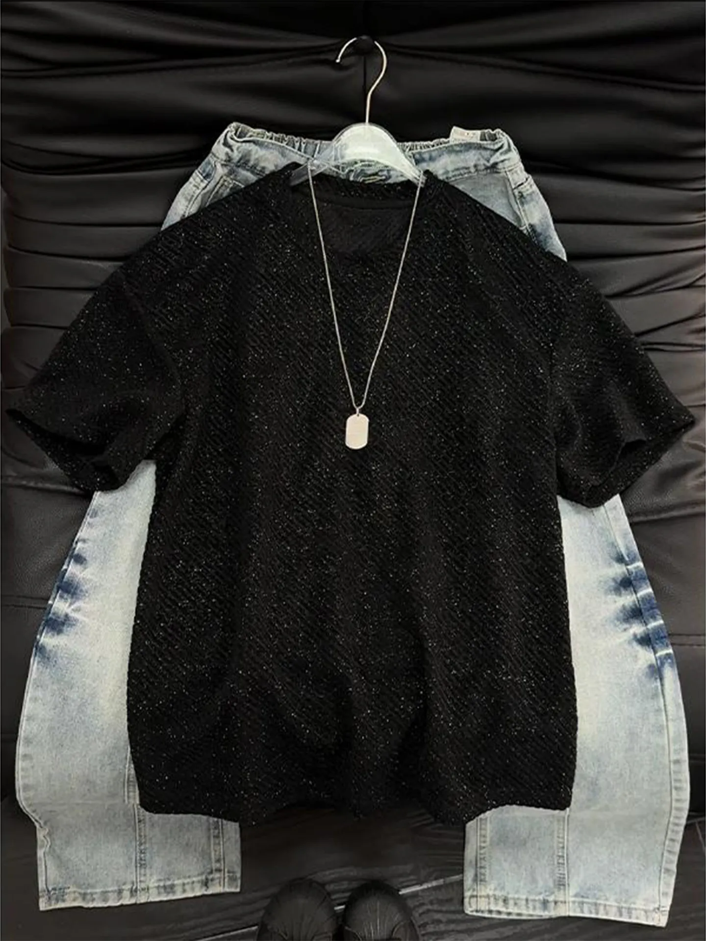 Grey American Style Diagonal Stripe round Neck Short Sleeve Men's Summer Half Sleeve T-Shirt Casual Loose Fit Breathable Skin...