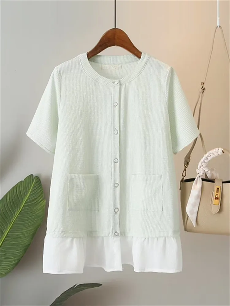 Plus Size Women's ShortSleeve T-Shirt Natural Wrinkle Textured Summer Top Cardigan with Button Fly Shirt with Pleat Panel at Hem