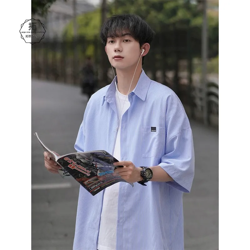 

Мужская рубашка в японском стиле с полосками, с коротким рукавом, летняя, с отложным воротником, тонкая верхняя одежда, свободный крой, из полиэфирного волокна