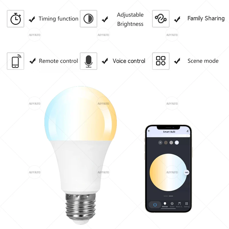 Tuya WIFI LED لمبات الإضاءة الذكية 2700-6500K قابلة للضبط باللون الأبيض وقابلة للتعتيم متوافقة مع تطبيق Alexa Google Home Group Control Smart Life