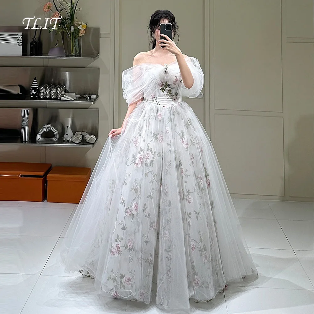 

TLIT Сказочный Тюль с принтом цветов Вечерние платья по индивидуальному заказу с открытыми плечами без бретелек платье для выпускного вечера Корейское свадебное платье Фотосессия