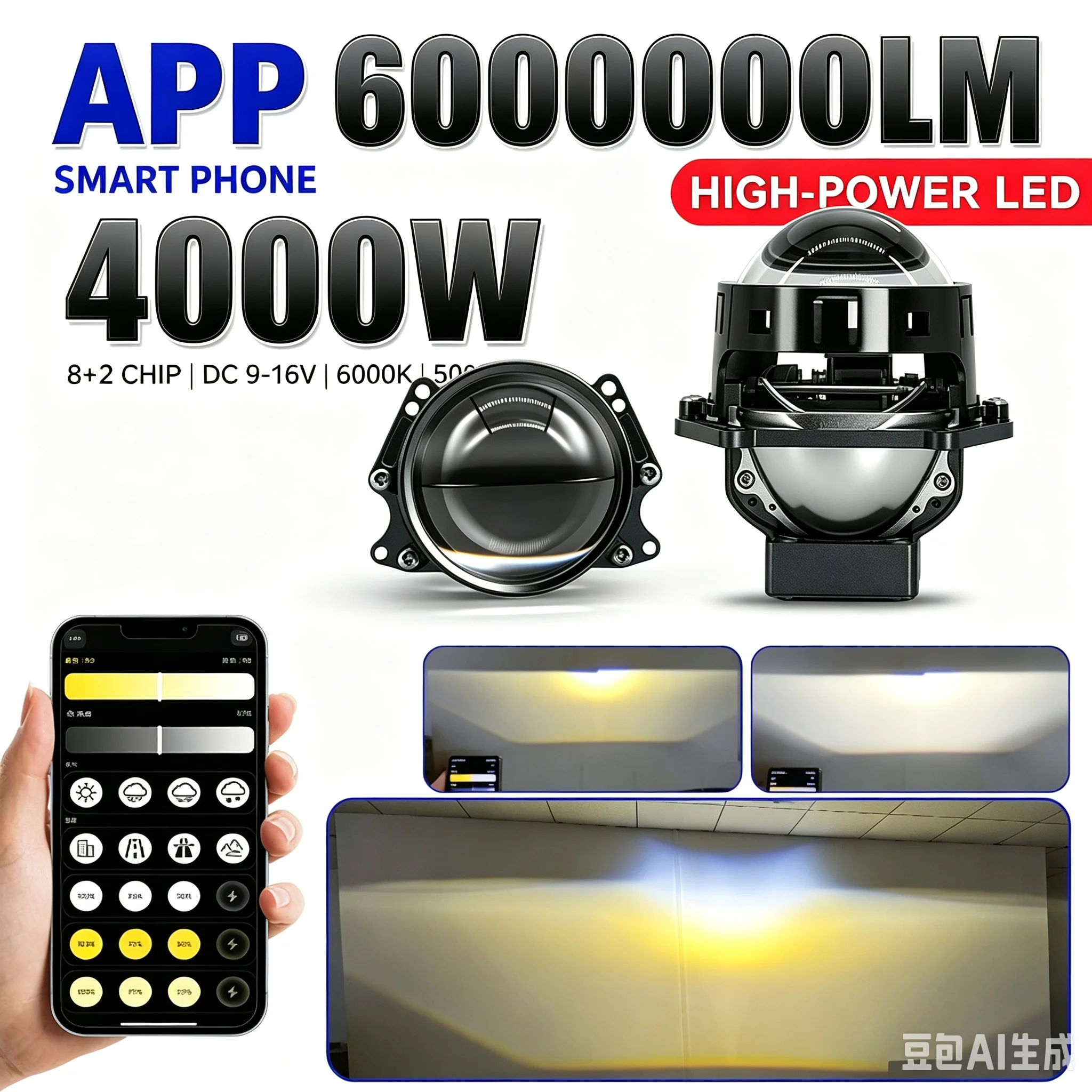 NXY S1 3 Inch APP Control LED Bi Projector Lens 45W High Power Hi Lo Beam Car Retrofit Headlight Lamp Smart Lighting Bulb