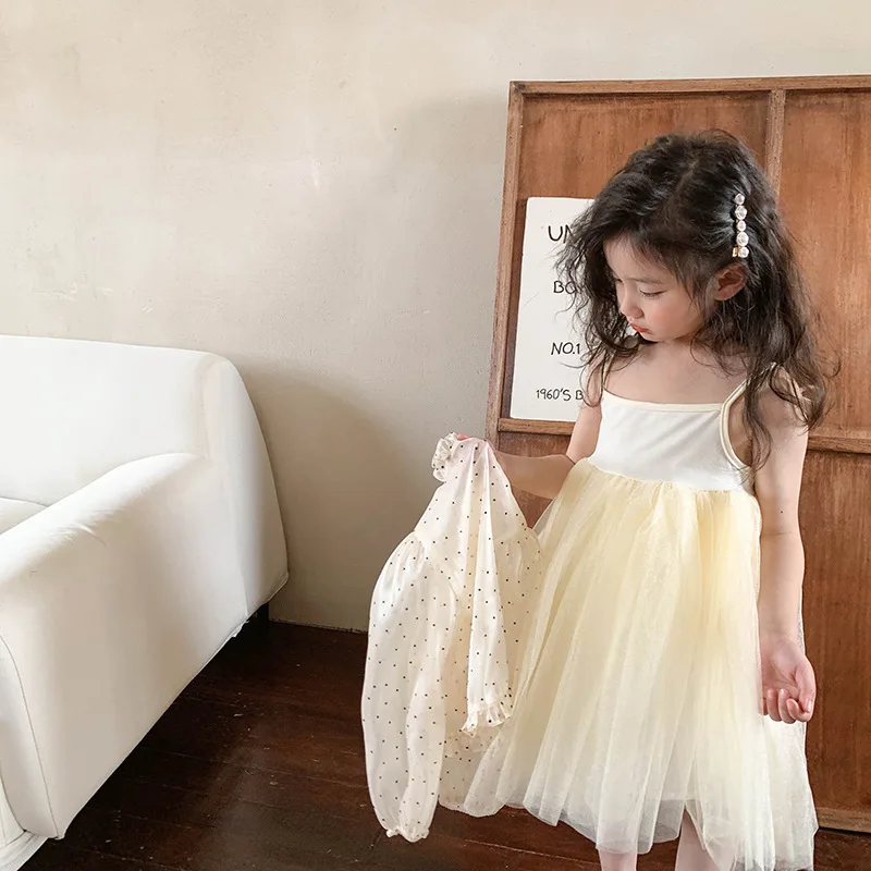 Vestido de princesa para niña, traje de gasa, abrigo de lunares a la moda, vestido de gasa suave y esponjosa