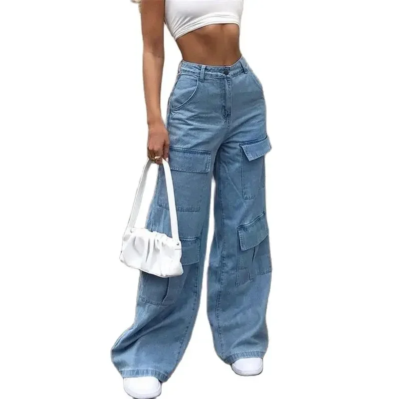 Women Casual Commuter Loose Straight Jeans High Waist Wide Leg Denim Pants Female Multi-pocket Patchwork Overalls Trousers 2024