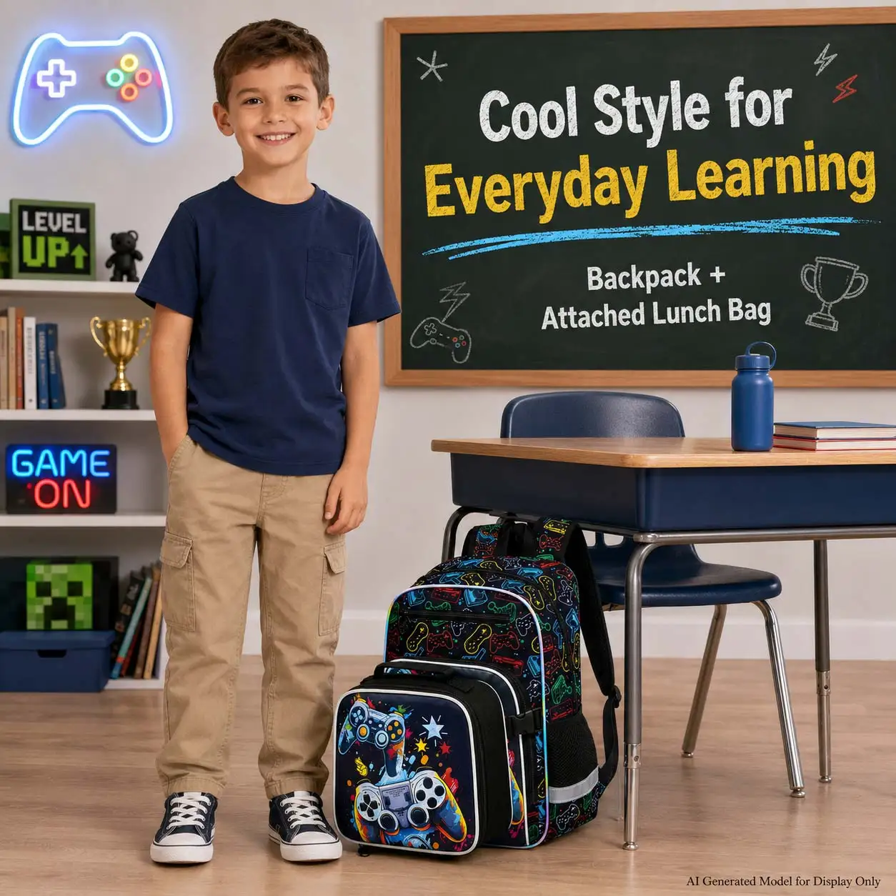 3Pcs Backpack for Boys, Cool Video Game Controller School Bag Set with Lunch Box & Pencil Case, Kids Bookbag Back to School image 5