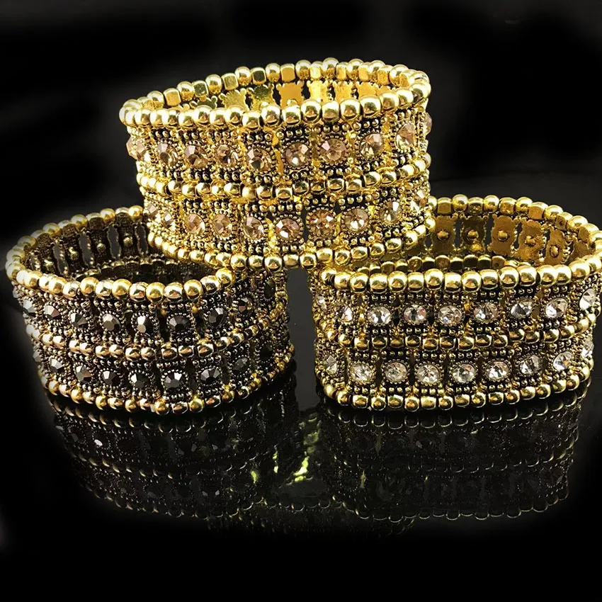 Fashion Luxury Elastic Bracelets for Women Antique Golden   Inlaid Rhinestone  Wide Hand Decoration