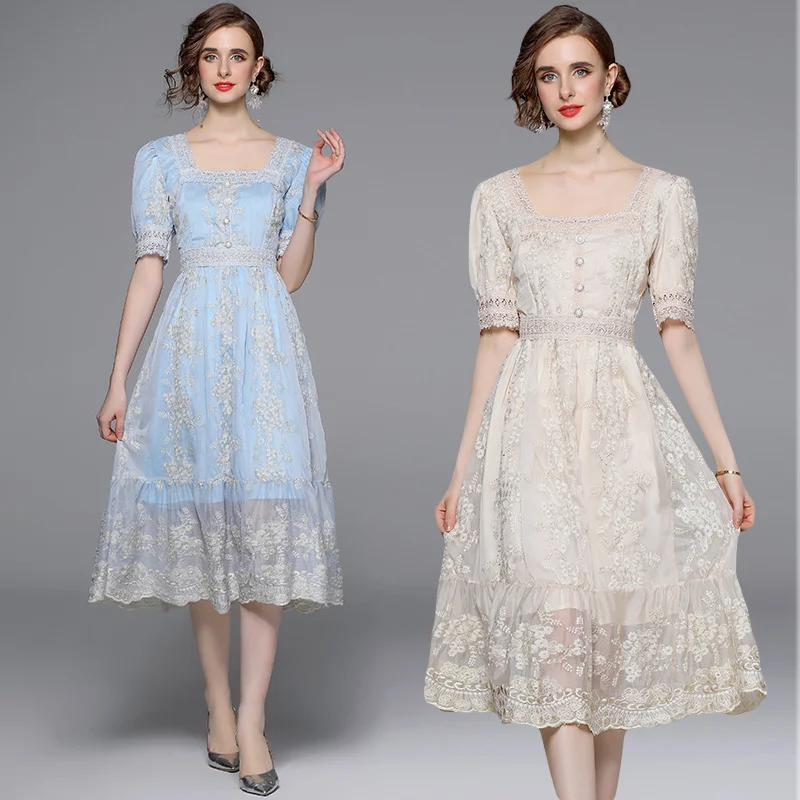 Runway Flower Embroidery White Lace Prom Dresses Women 2024 Summer Short Sleeve Fashion Sweet Midi Long Dress Female New Style