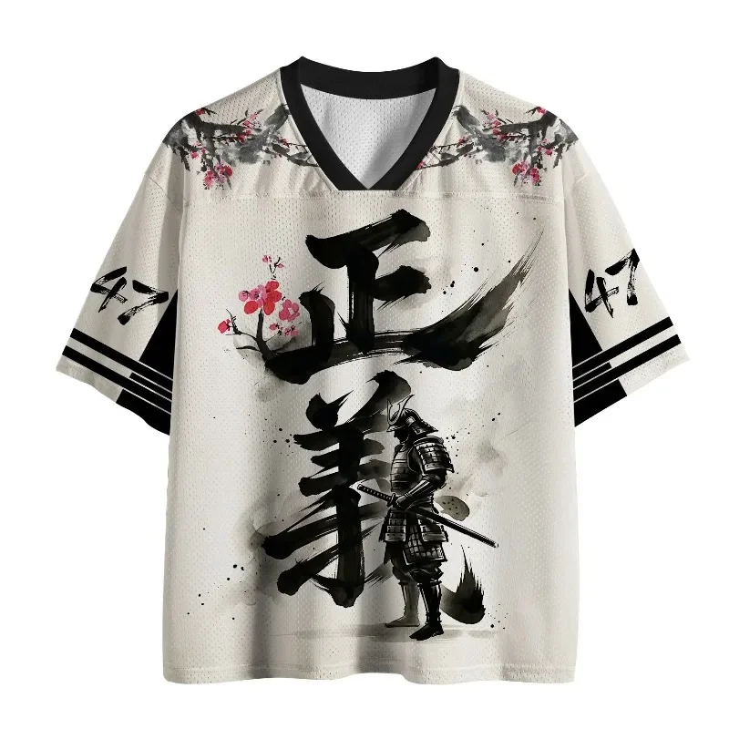 Y2K Japanese Ukiyo-e  Justice Ink Warrior 3D Print Sport Quick-dry Men's V-neck T-shirt Casual Fashionable Parent-child Clothing