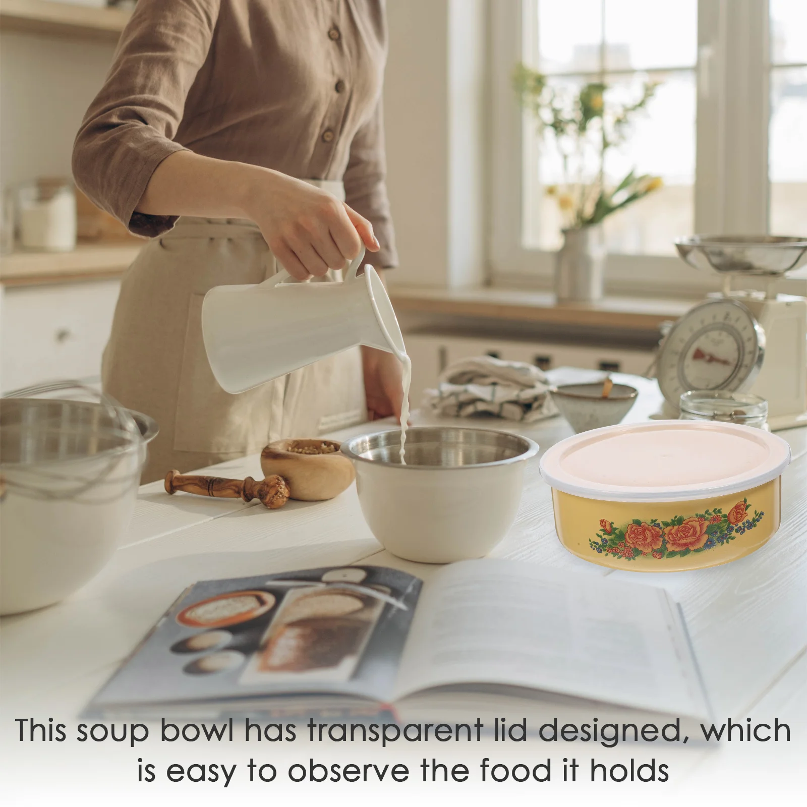 

5Pcs Kitchen Enamel Bowls with Transparent Lids Fresh Keeping Instant Noodle Salad Soup Mixing Bowl Set with Lid