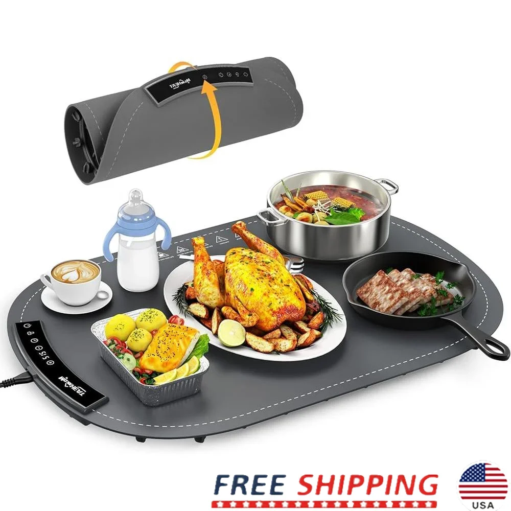 Electric Food Warming Mat Foldable Heating Tray 6 Temp Settings Fast Heating Anti-Scald Nano Silicone 4 Hour Auto Off Child Lock