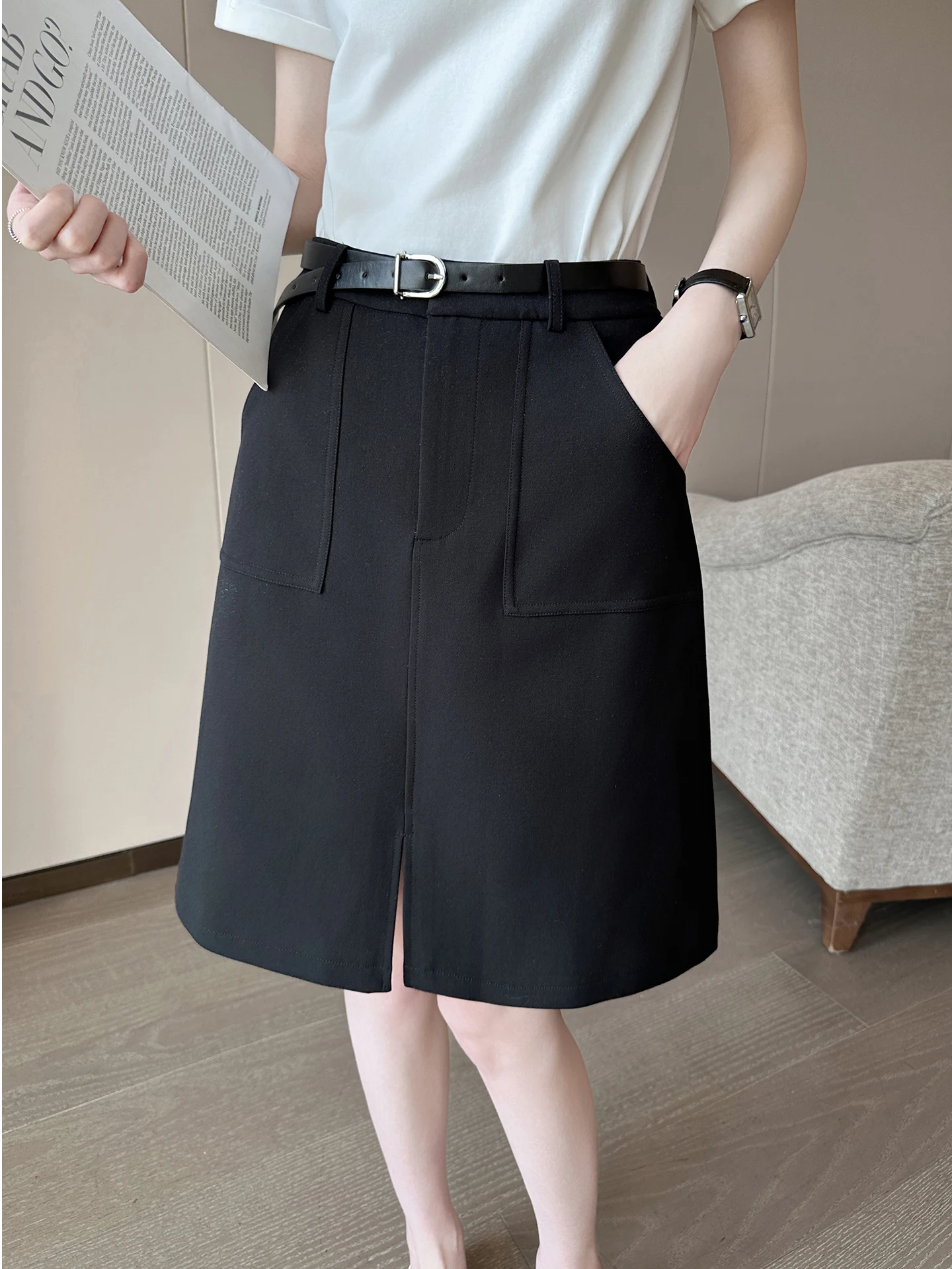 

Элегантная черная прямая юбка миди с завышенной талией для женщин: дышащая, приятная к телу, летняя, новая модель, стройнящая