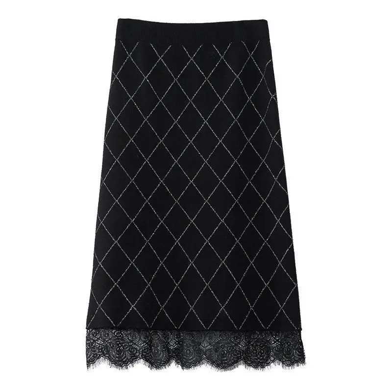 ニットチェック柄スカート レディース 秋冬新作 ミドル丈 ハイウエスト Aラインスカート レース 上品 ヒップカバー スカート
