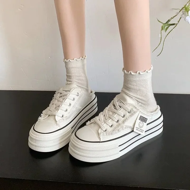 summer New Round Head Canvas Shoes for woman Lazy Thick Sole Half Drag Women's Slippers Women's Baotou Slippers Zapatos Mujer