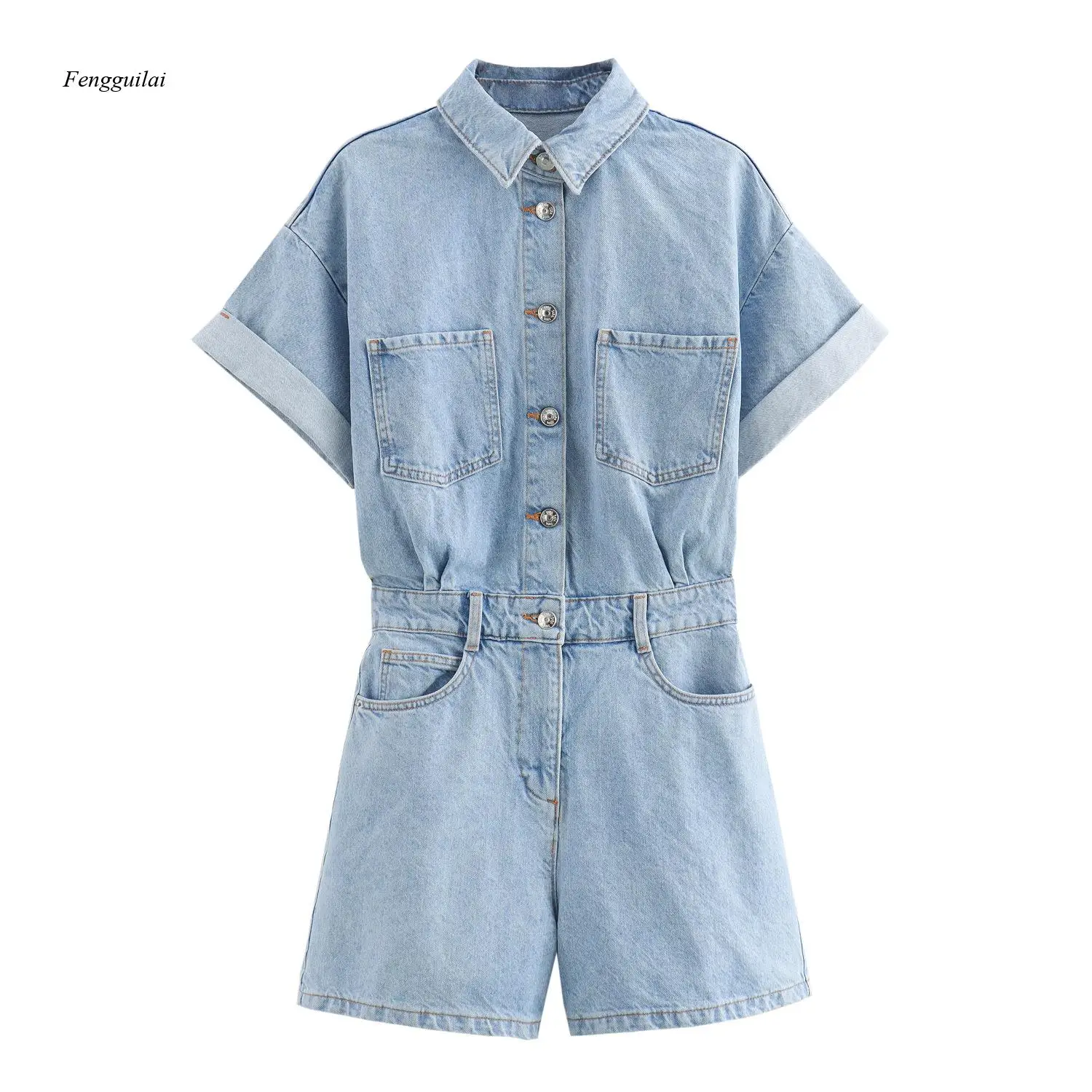 Women's Light Wash Denim Short Sleeve Button Front Rolled Cuff Jumpsuit with Pockets Casual Summer Elastic Waist Denim Playsuit