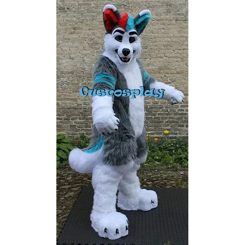 Mascot Costumes Long Fur Furry Grey Wolf Husky Dog Fox Fursuit Mascot Fancy Party Dress Halloween Costumes Adult Size