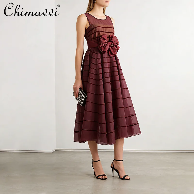 

2026 French Style Elegant Vintage Summer Dresses Round Neck Sleeveless 3D Waist Seal Bow High Waist Long Mesh Dress for Women