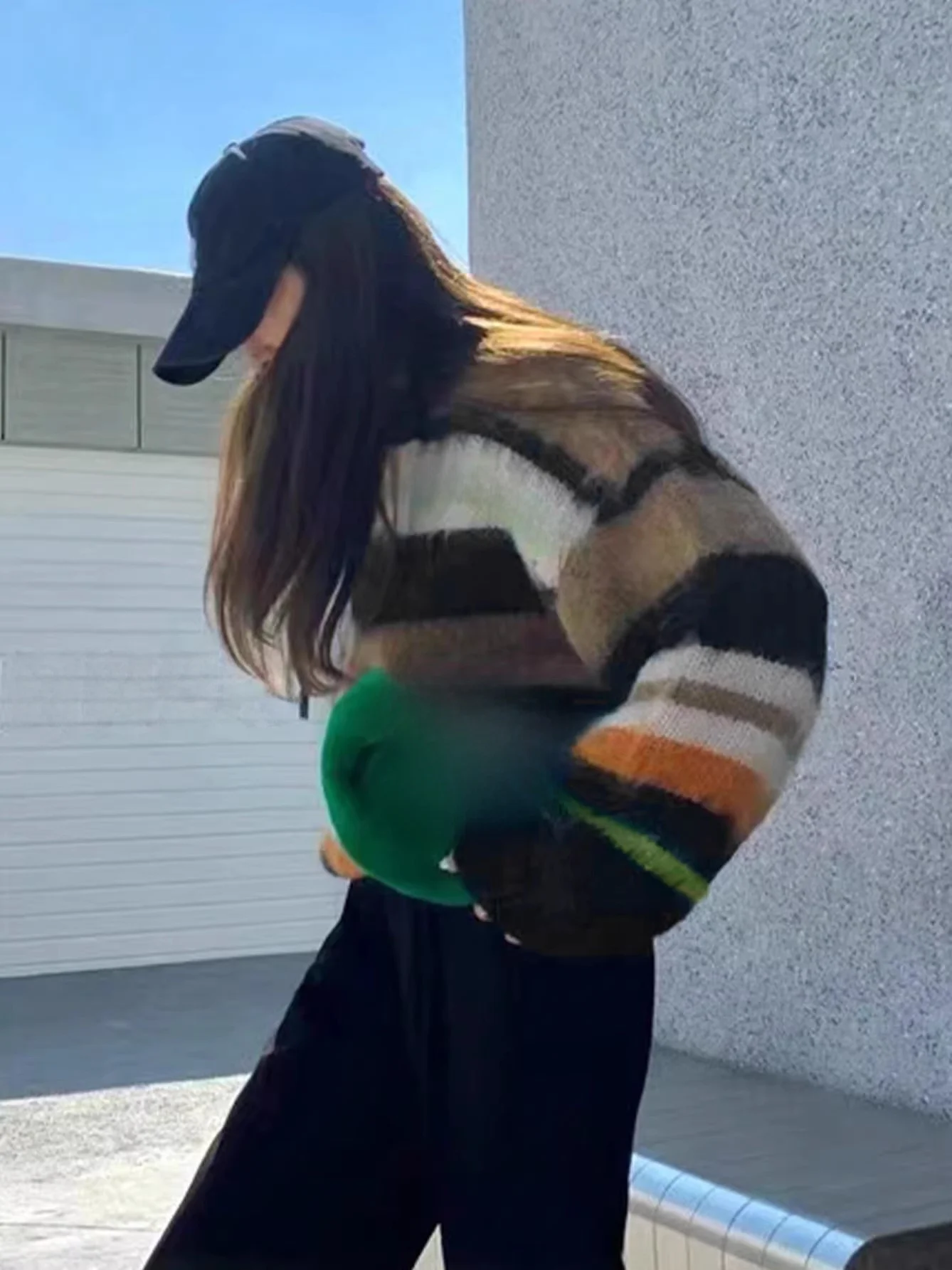 Chic Spring Autumn Retro Lazy  Stripes Jaet Top Hong Kong Sle oulder Loose Soft Cozy Knitted Sweater Women