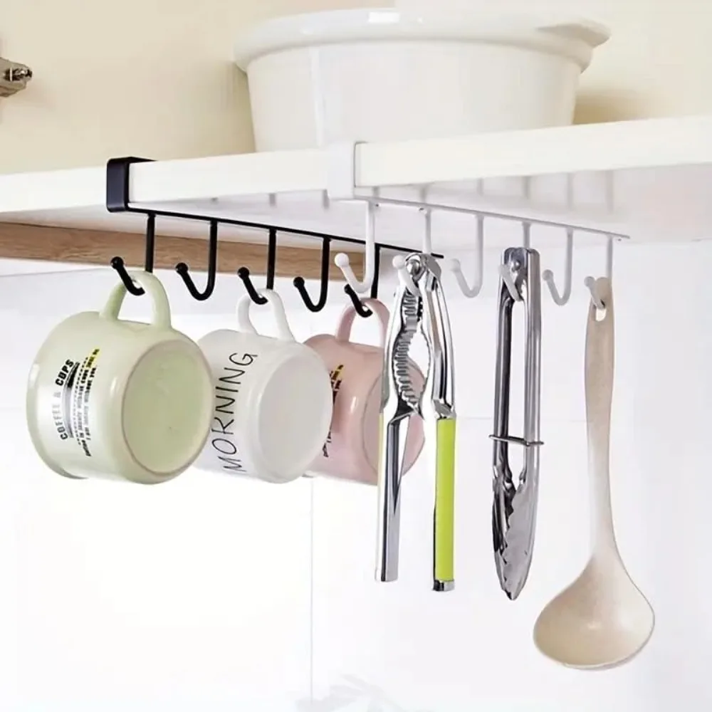 1Pcs Under Cabinet Mug Rack With 6 Hooks No Drill Coffee Cup Holder Organizer Fit Most Thickness Kitchen Shelves Kitchen Storage