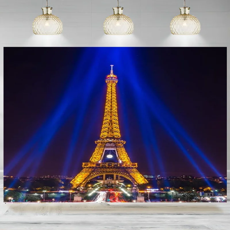 

Lights Up The Night Paris Eiffel Tower Photography Backdrop Paris Theme Party Decoration Background Blue Photo Shoot Props