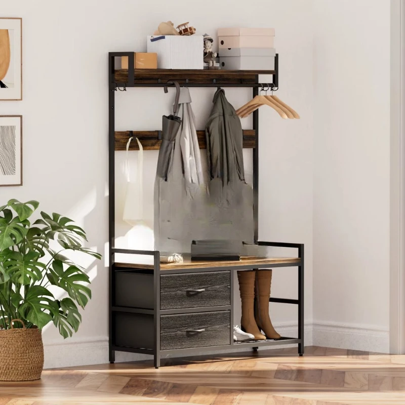 foyer with 2 drawers, tree storage rack, shoe cabinet, coat rack, 5-in-1 entrance porch bench