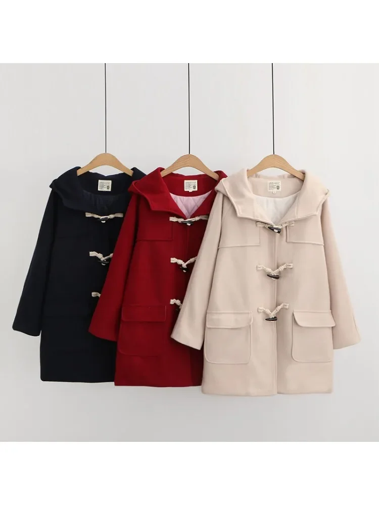 

Winter Loose Warm Coat Hooded Wool sSolid Women Long Blends Office Work Wear Horn Button Legant Trench