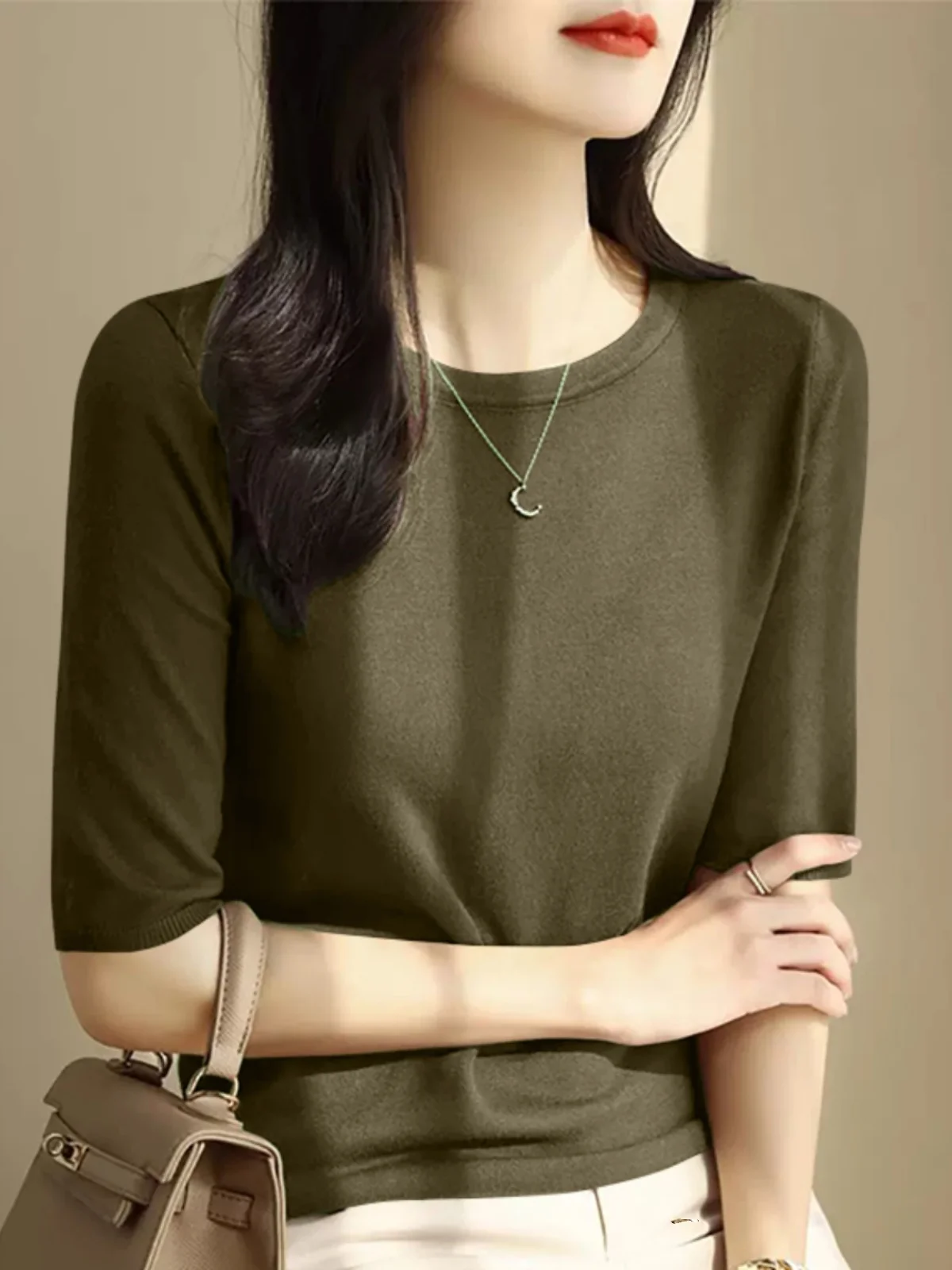 Top a Cinque Maniche Effetto Snellente in Modal per Donna, Moda Primavera Autunno, Taglie Forti, Trendy