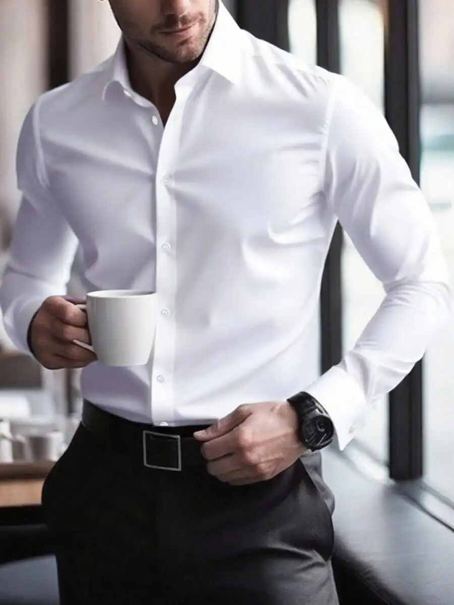 

Elegant White Long Sleeve Dress Shirt For Business Office Formal Wear