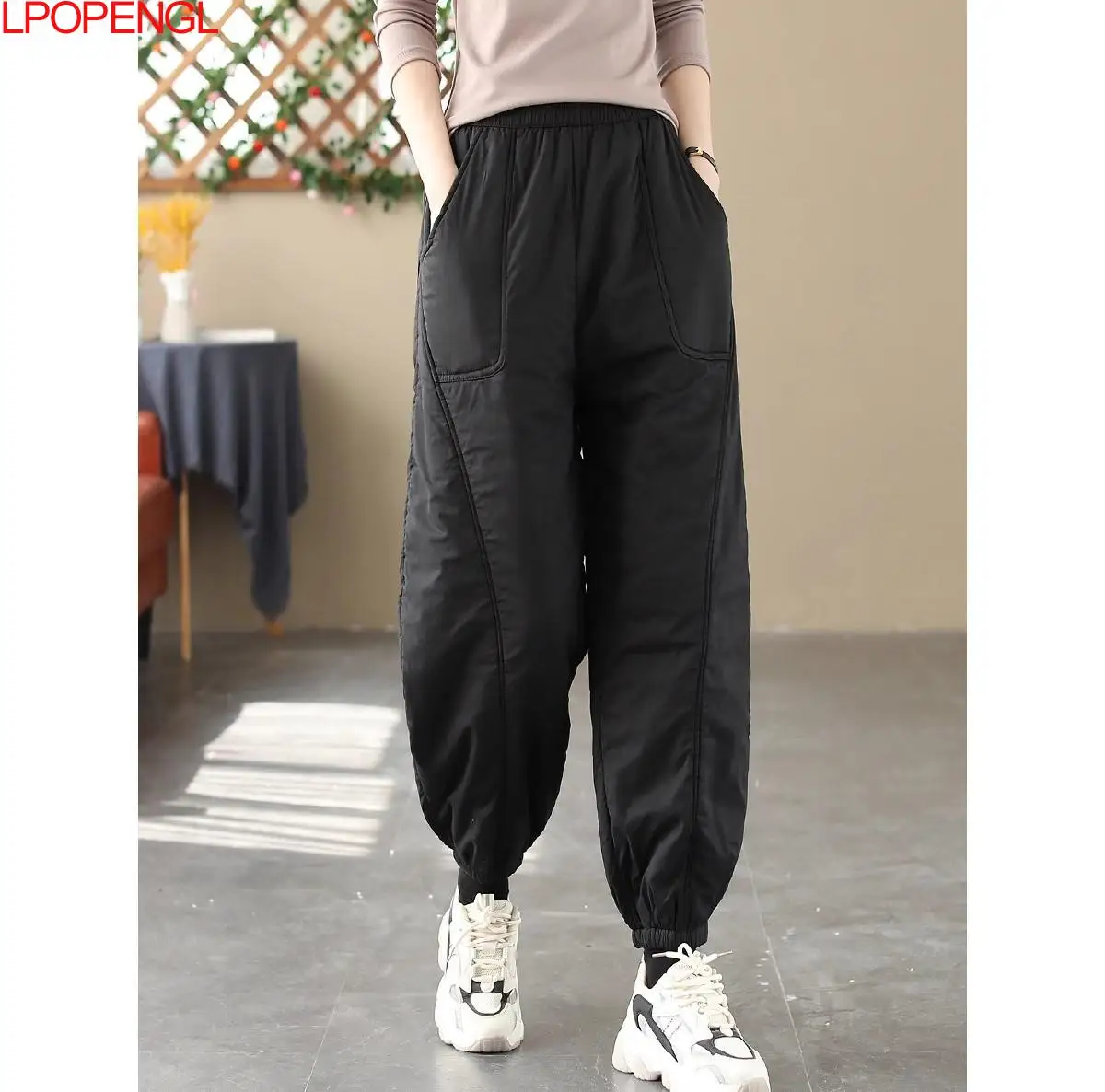 Modne, jednokolorowe, grube bawełniane spodnie typu lantern, codzienne, ciepłe, zimowe, nowość 2025, luźne, z elastyczną talią, codzienne spodnie bawełniane.