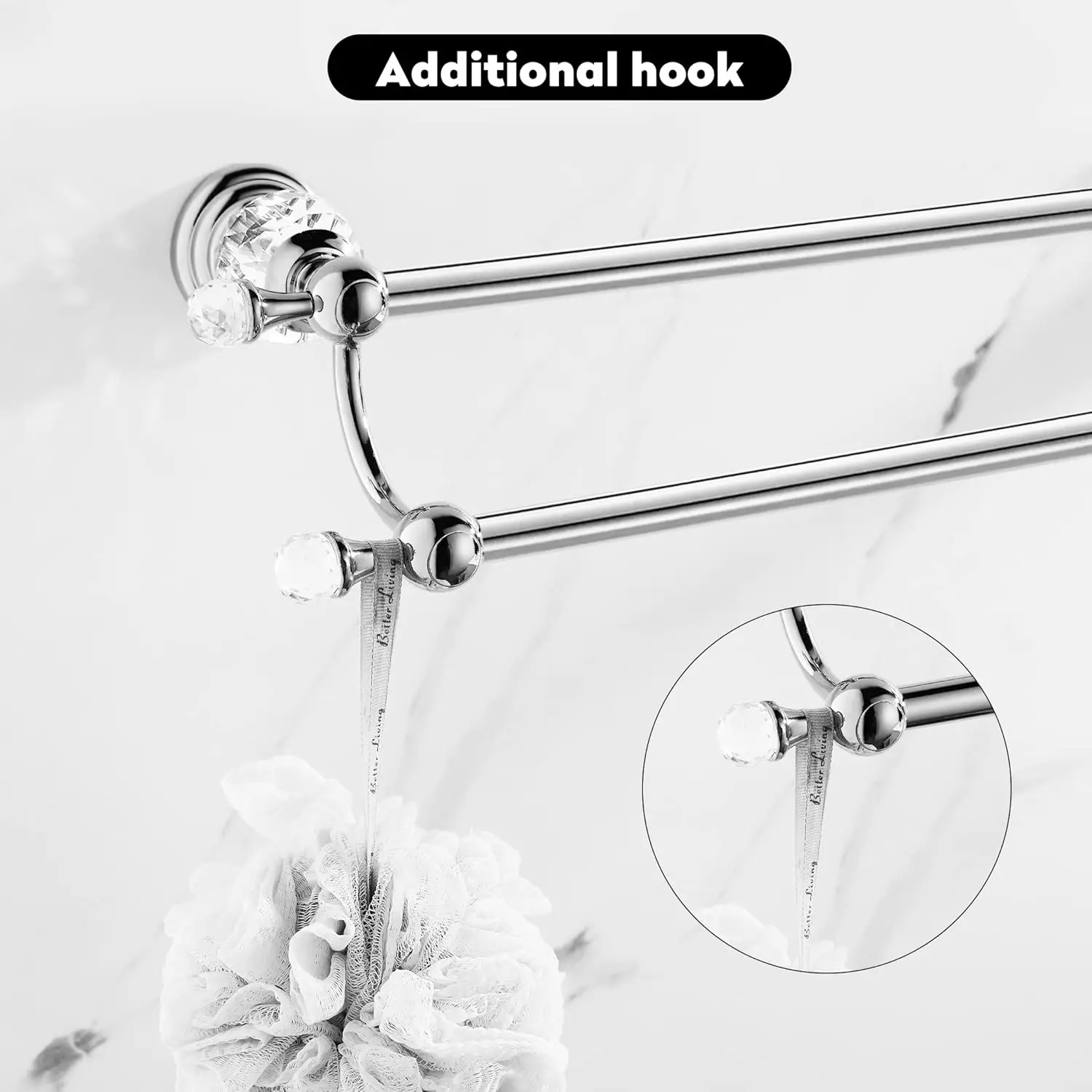 Chrome Towel Bar, Adjustable Double Towel Holder, Silver Crystal Bathroom Towel Racks Wall Mounted