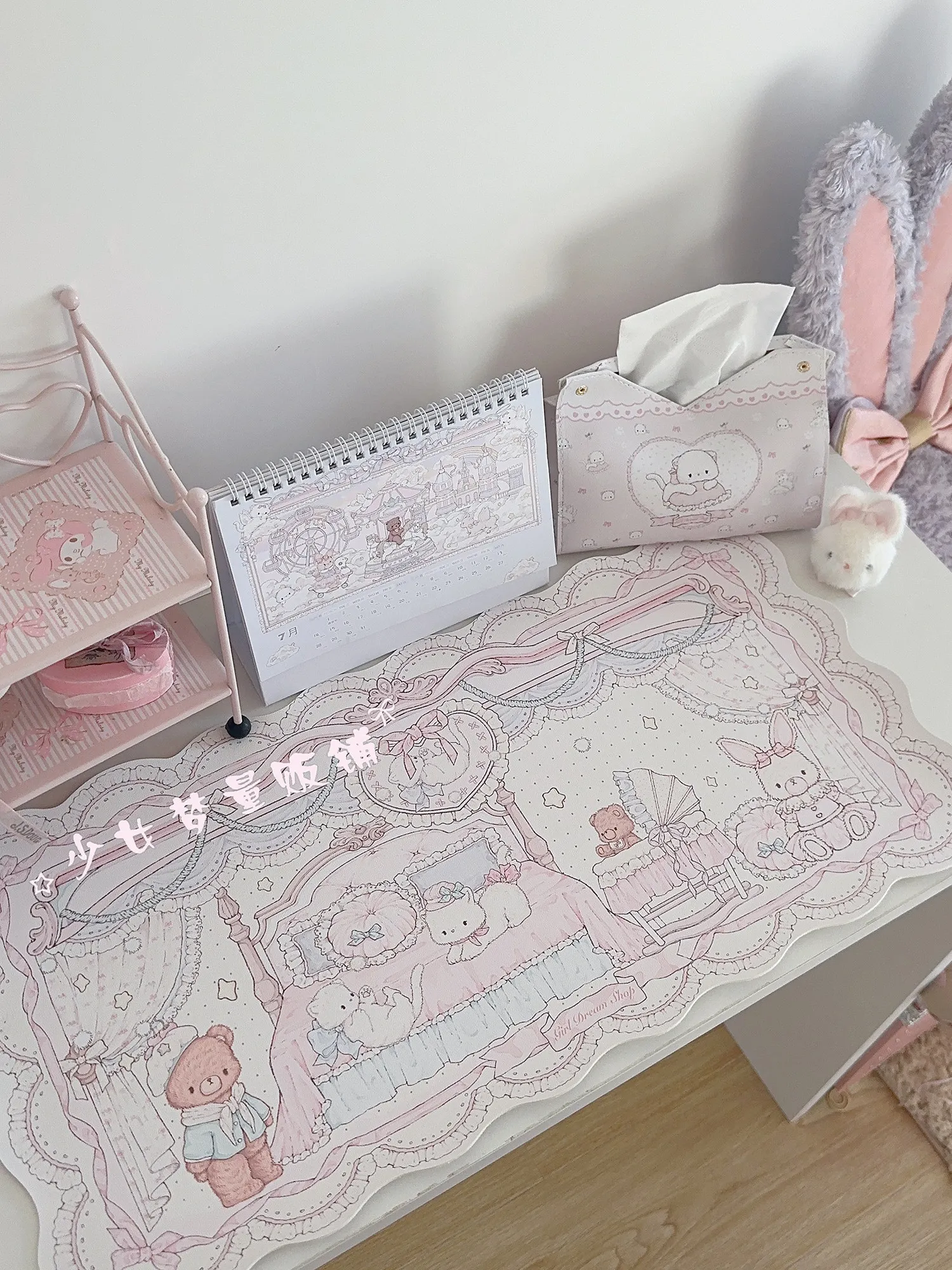 Leather Desk Pad Protector Pink Polka Dots Girl Room Bunny Bear Sweet ins Mouse Pad Office Desk Mat Non-Slip PU Desk Blotter Pad