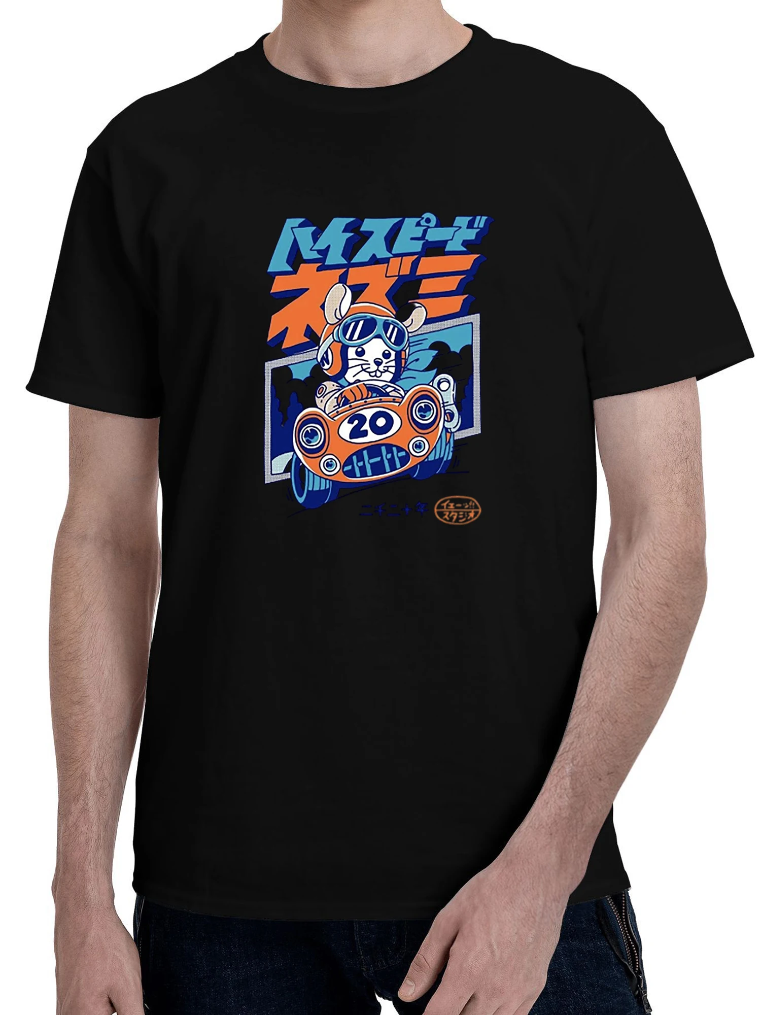 

Men Cartoon Racing Mouse Graphic T Shirt Japanese Style Streetwear Black Tee