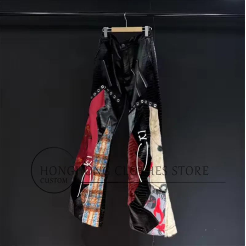 Original design men's patchwork PU fashion casual pants - personalized patterned modular motorcycle pants - punk street style