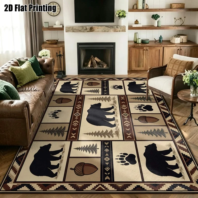 Large Indoor Area Rug, Soft Velvet Low Pile Machine Washable, Rustic Bear Pine Acorn Pattern, Warm Neutral Cabin Style Rug for Living Room Bedroom