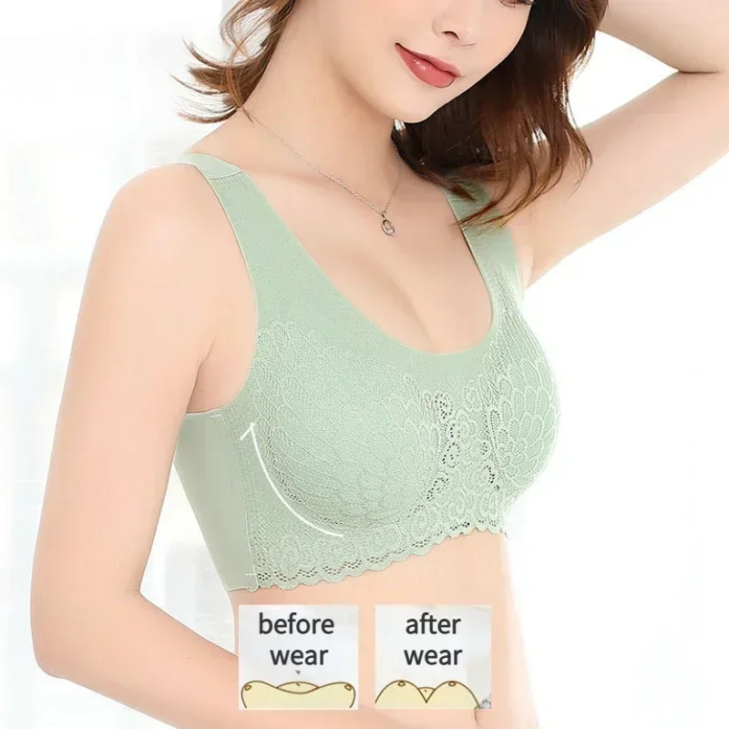 Women Seamless Latex Underwear Wireless Lingerie Gathered Sports Vests Lace Bra Anti Sagging Sleeping Bras with Removable Pads