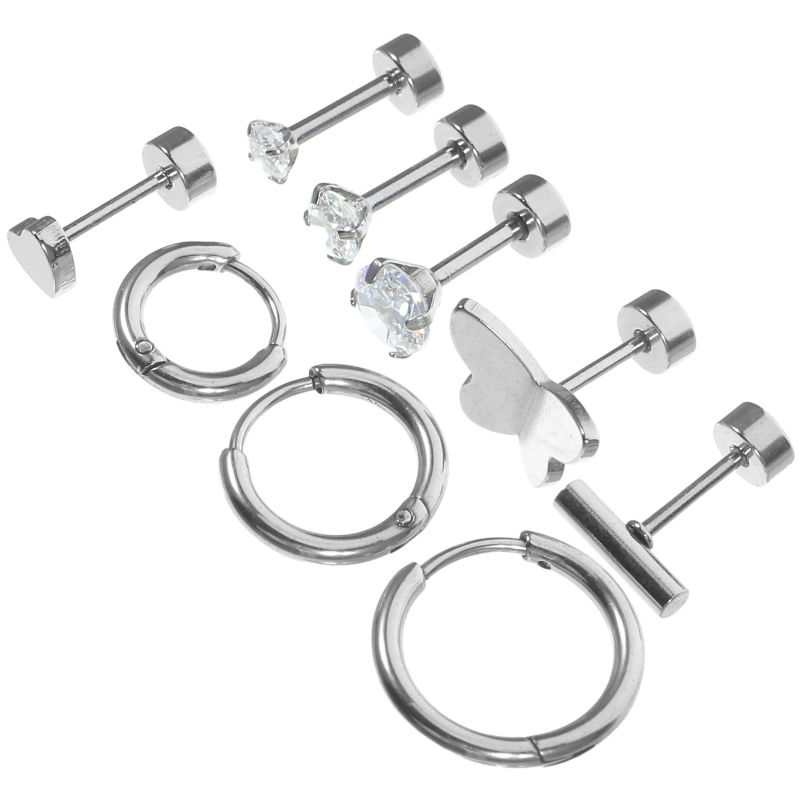 

9pcs Earring Set Stainless Steel Hoop Cartilage Studs Women Silver Fashion Piercing Accessories Ear Decorations