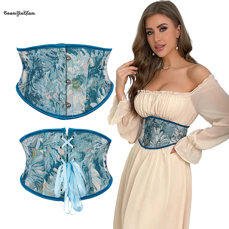 

Plus Size Women Short Torso Girdle Sky Blue Floral Print Corselet Waist Cincher Shapers Retro Renaissance Underust Corset