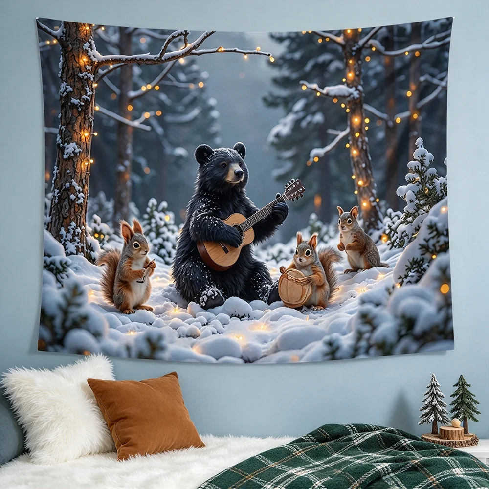 1PCS Tapestry, Bear Guitar Squirrels Snowy Forest Lights Scene, Holiday Party Decoration for Home Studio Wall