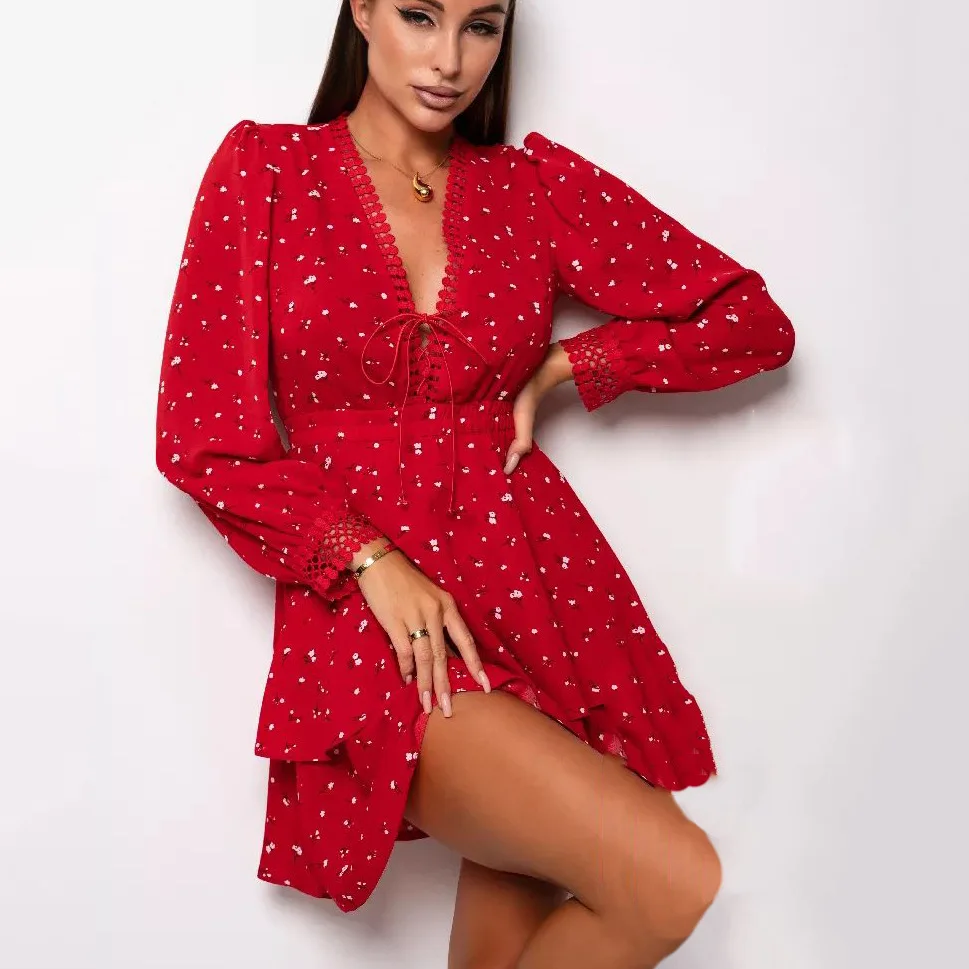 Roupas Femininas Vestido Feminino Emendado ​ ​ Vestido floral de chiffon de manga comprida de renda com decote em V cintura saia curta vestidos de festa elegantes