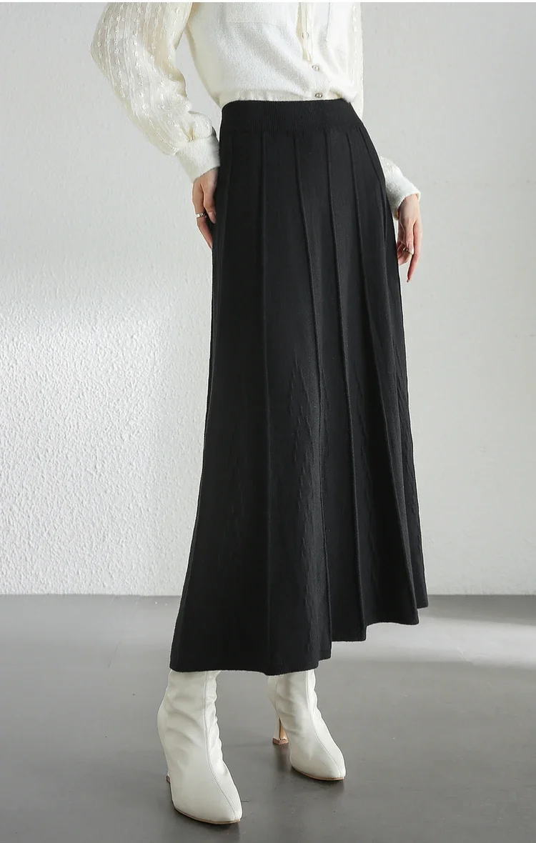 SENTUBILA Jacquard Knitted Black Skirts Women 2024 Winter Texture High-waist A-line Lightweight Folds Long Skirt W44Q56670