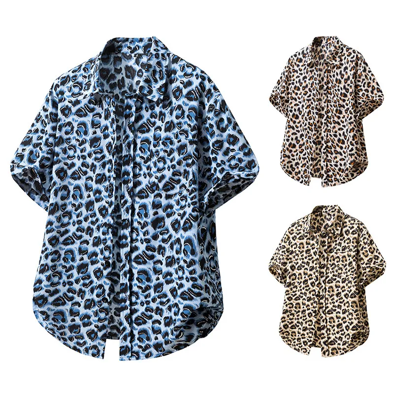 Summer 2026 Large Size Men's Shirt Beach Leopard Print Short Sleeve Standard Fit Polyester Blend Easy Care Casual Fashion
