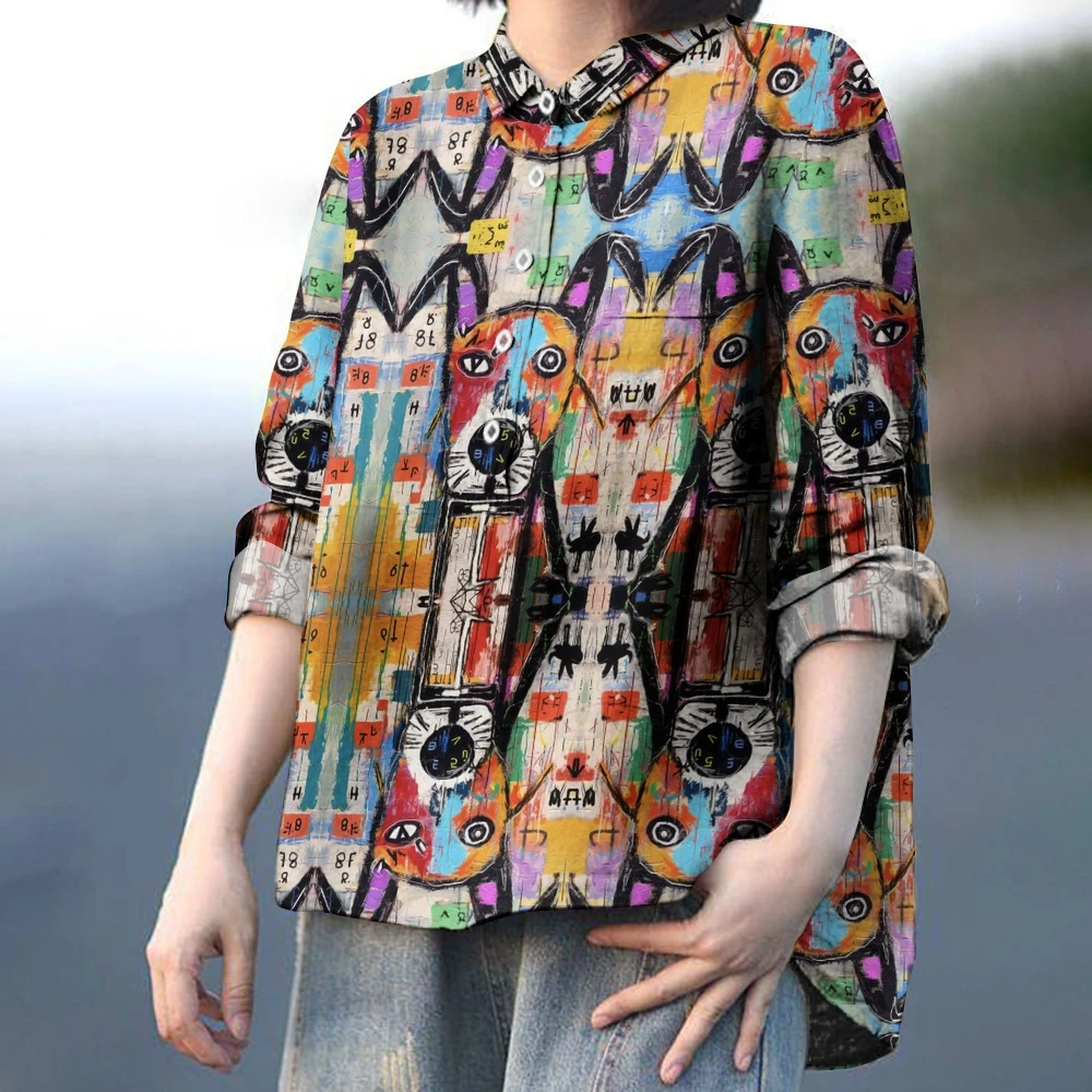 Colorful Cartoon Dog Outfit Playful Cute Puppy Women\'s Print Casual Shirt Furry Friends Fashion Long Sleeve Top Hand Painted