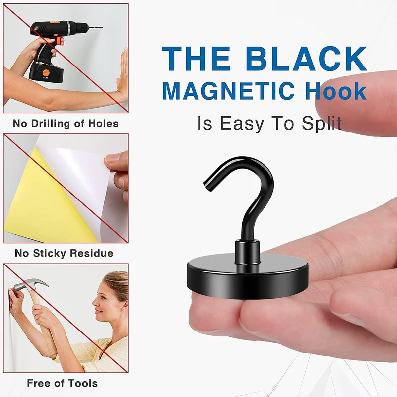 Black Magnetic Hooks Heavy Duty Super Strong Neodymium Magnet Hooks with Epoxy Coating for Home, Kitchen, Workplace, Office