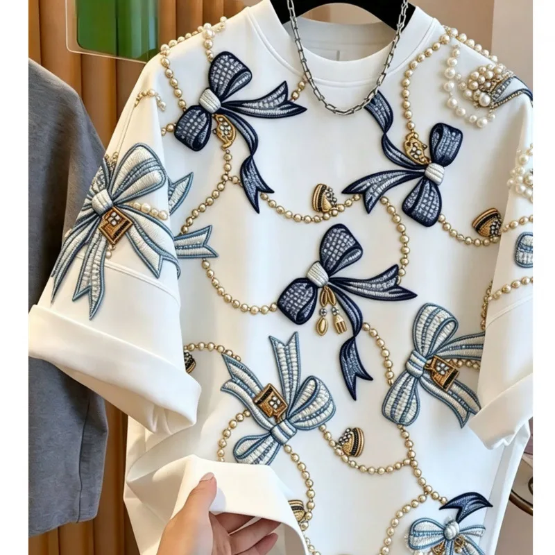 2026 New Summer All-match Loose Round Neck Pullover Top Casual Women Short Sleeve Tees Diamonds Beads Female Basic Tees