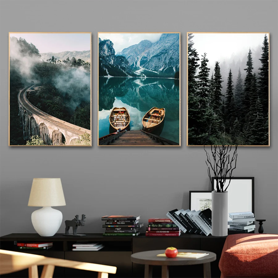 3PCS frameless decorative art print,3Pcs/Set Misty Forest Lake Boat Geometric Abstract Natural Landscape Painting Poster Scandin