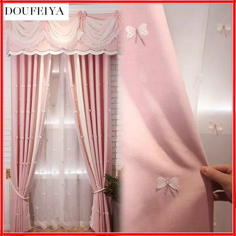 

New Double-sided Cotton and Linen Embossed Bowknot Embroidered Pink Girl Curtains for Living Dining Room Bedroom Princess Style