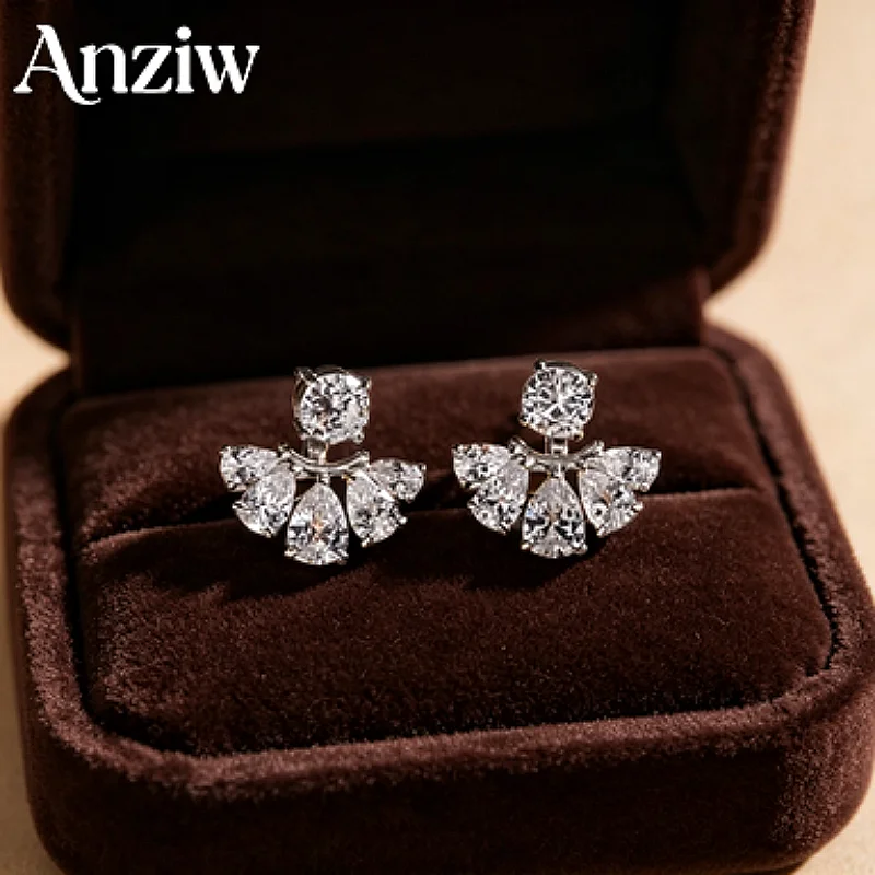 Anziw Pear&Round Cut 5mm Moissanite Fan Shape Front Back Earrings for Women 14K Gold Filled Stud Earring Wedding Jewelry Gift