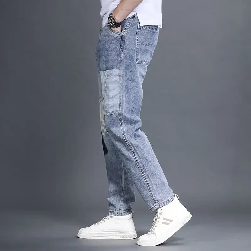 Celana Koboi Pria Pakaian Kerja Slim Fit Skinny dengan Saku Celana Jeans Pria Pipa Ketat Pakaian Musim Gugur Katun Kpop Retro Xs