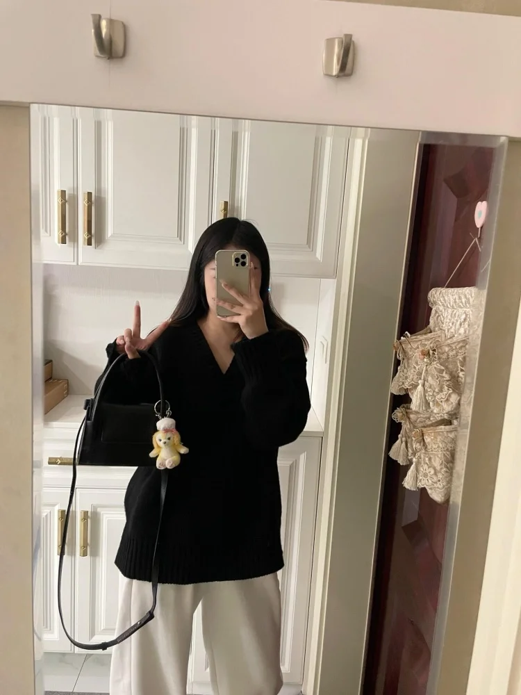 Bla V-Ne محبوك سترة المرأة الخريف الشتاء Thiened فضفاضة تناسب كسول خمر فضفاض الشعور الدافئة تريكو